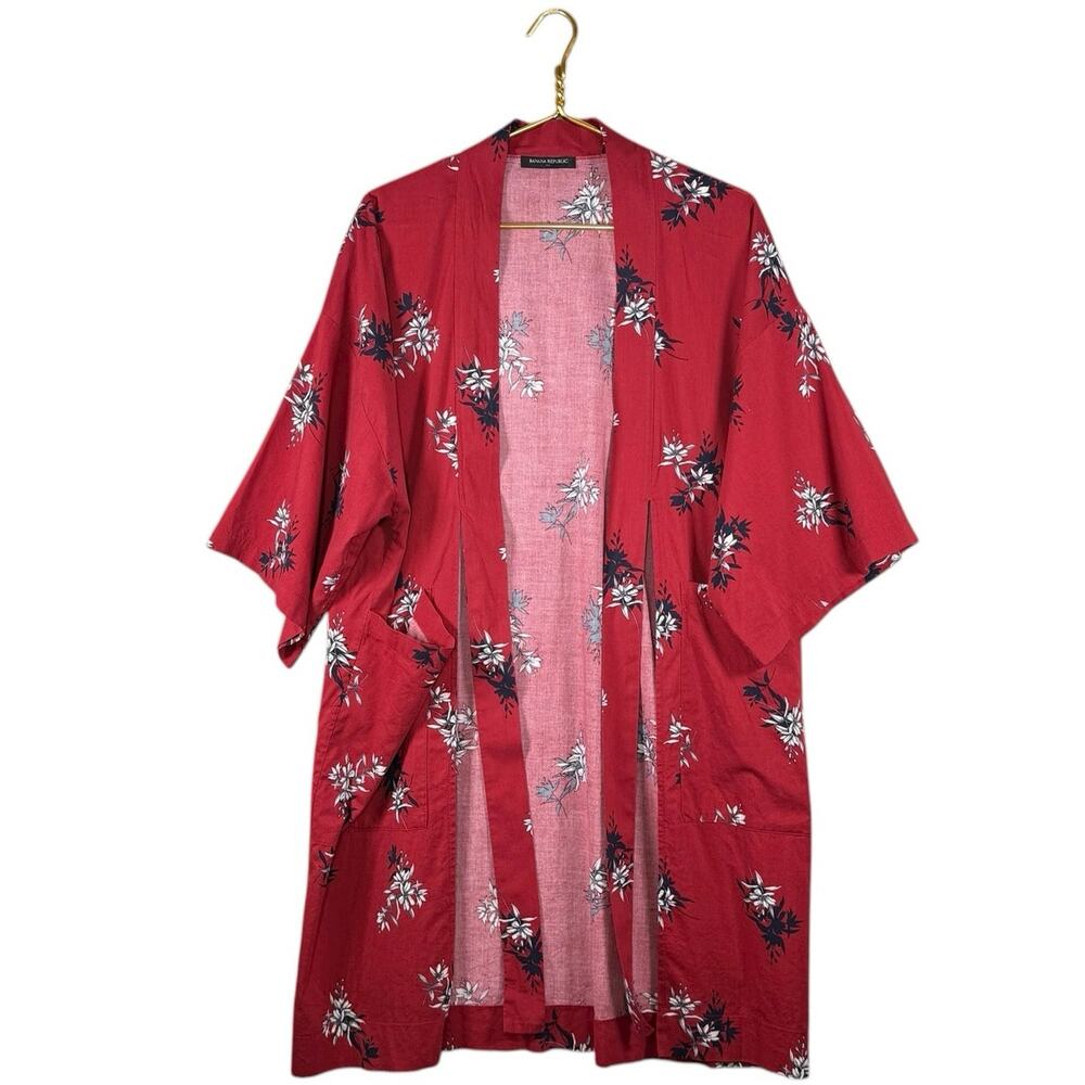 Banana Republic Red Floral Cotton Kimono Duster Cardigan Lightweight Boho | OSFM - Picture 10 of 11